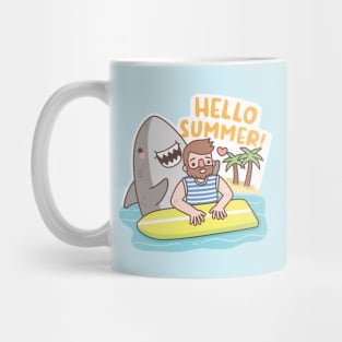 Funny Shark And Surfer, Hello Summer Mug